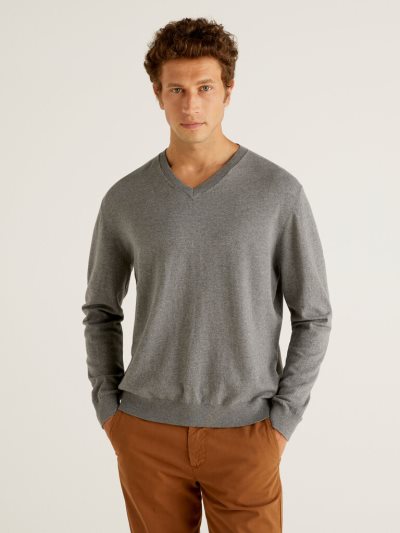 Men's Benetton Lightweight Cotton Blend V-neck Sweaters Dark Grey | NZ578729