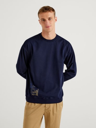 Men's Benetton Lightweight Organic Cotton Sweatshirt Dark Blue | NZ876197