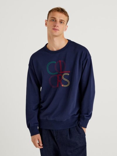 Men's Benetton Logo Embroidery Sweatshirt Dark Blue | NZ540285