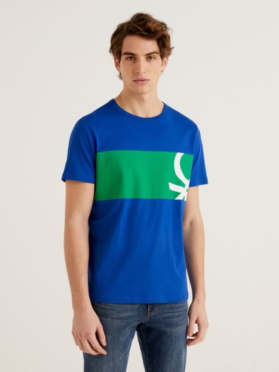 Men's Benetton Logo Print Short Sleeve T-shirts Bright Blue | NZ477983