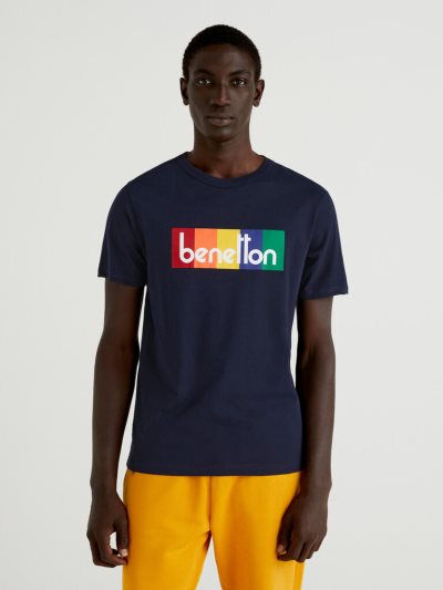 Men's Benetton Logo Print Short Sleeve T-shirts Dark Blue | NZ479165