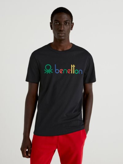 Men's Benetton Logo Print Short Sleeve T-shirts Black | NZ663160