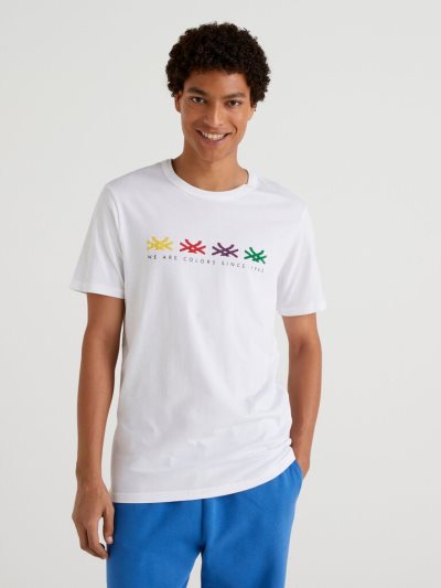 Men's Benetton Logo Print Short Sleeve T-shirts White | NZ882983