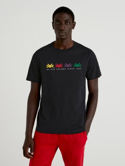 Men's Benetton Logo Print Short Sleeve T-shirts Black | NZ947874