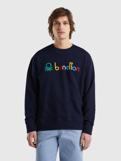 Men's Benetton Logoed 100% Cotton Sweatshirt Dark Blue | NZ157065