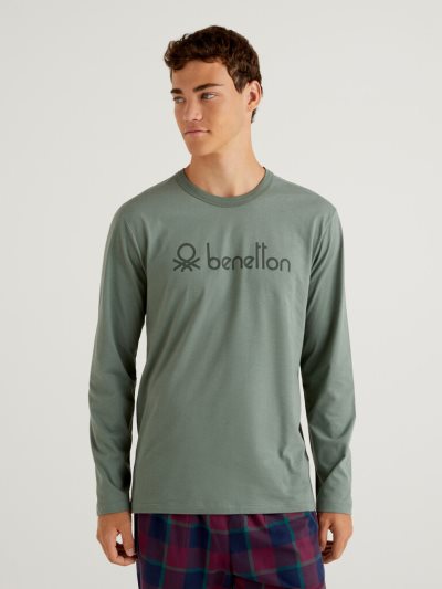 Men's Benetton Long Fiber Cotton Print T Shirts Military Green | NZ658881