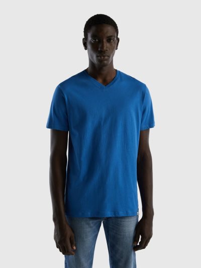 Men's Benetton Long Fiber Cotton Short Sleeve T-shirts Light Blue | NZ025299