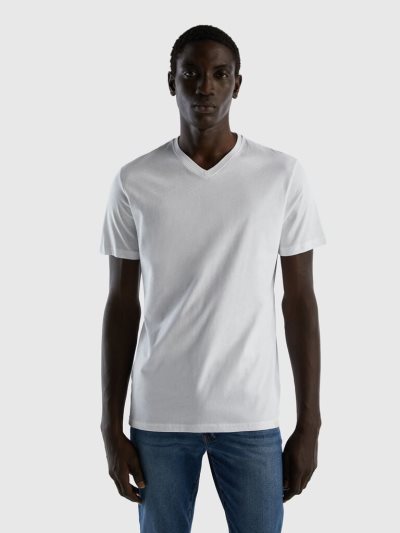 Men's Benetton Long Fiber Cotton Short Sleeve T-shirts White | NZ194789