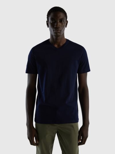 Men's Benetton Long Fiber Cotton Short Sleeve T-shirts Dark Blue | NZ517719