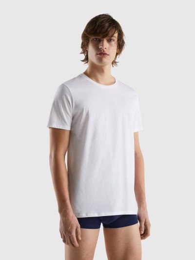 Men's Benetton Long Fiber Cotton T Shirts White | NZ063527