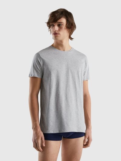 Men's Benetton Long Fiber Cotton T Shirts Light Grey | NZ489257