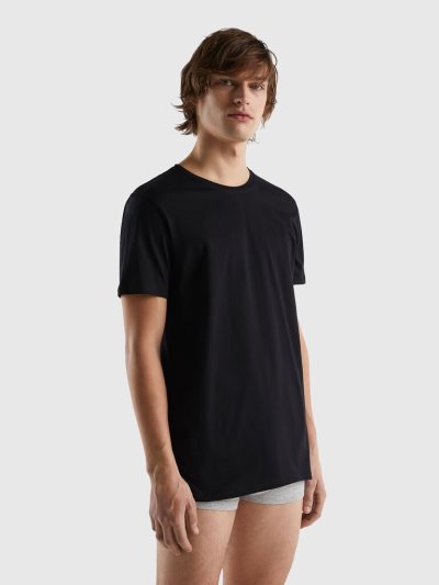 Men's Benetton Long Fiber Cotton T Shirts Black | NZ890966