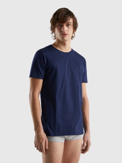 Men's Benetton Long Fiber Cotton T Shirts Dark Blue | NZ911396