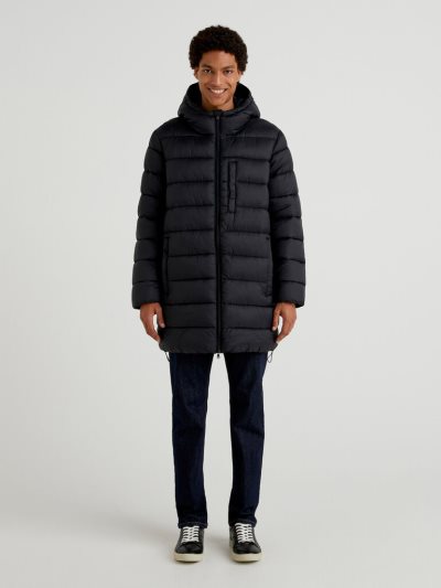 Men's Benetton Long Padded Recycled Nylon Puffer Jackets Black | NZ515223