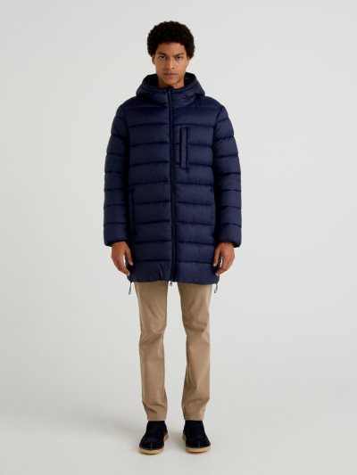 Men's Benetton Long Padded Recycled Nylon Puffer Jackets Dark Blue | NZ534114