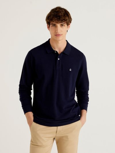 Men's Benetton Long Sleeve 100% Cotton Polo Shirts Dark Blue | NZ113912