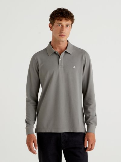 Men's Benetton Long Sleeve 100% Cotton Polo Shirts Dark Grey | NZ274360