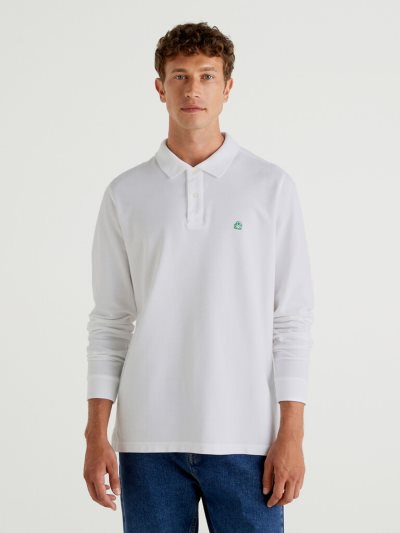 Men's Benetton Long Sleeve 100% Cotton Polo Shirts White | NZ298297