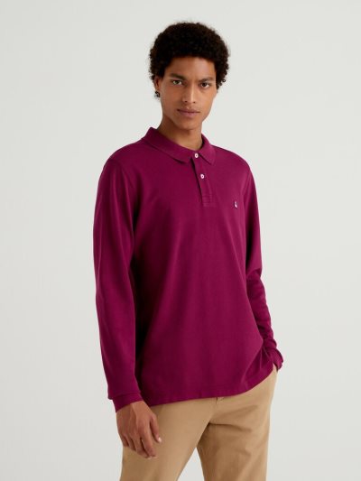 Men's Benetton Long Sleeve 100% Cotton Polo Shirts Plum | NZ471122