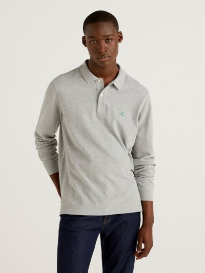 Men's Benetton Long Sleeve 100% Cotton Polo Shirts Grey | NZ560854