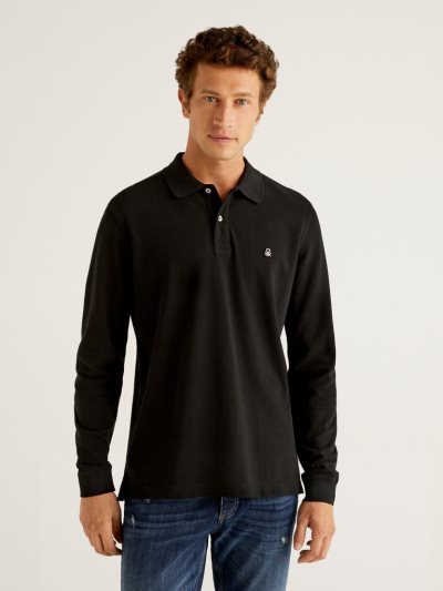 Men's Benetton Long Sleeve 100% Cotton Polo Shirts Black | NZ737726