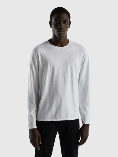 Men's Benetton Long Sleeve 100% Cotton T Shirts White | NZ849196