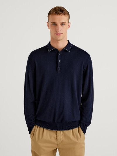 Men's Benetton Long Sleeve Knit Polo Shirts Dark Blue | NZ131333
