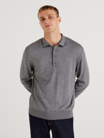 Men's Benetton Long Sleeve Knit Polo Shirts Grey | NZ350688