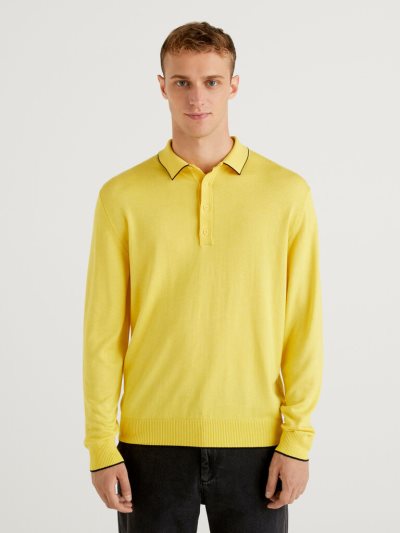 Men's Benetton Long Sleeve Knit Polo Shirts Yellow | NZ593467