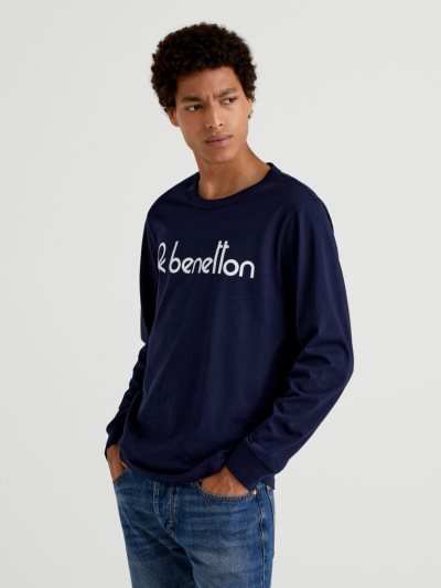 Men's Benetton Long Sleeve Logo Print T Shirts Dark Blue | NZ092066