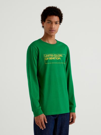 Men's Benetton Long Sleeve Logo Print T Shirts Green | NZ270738
