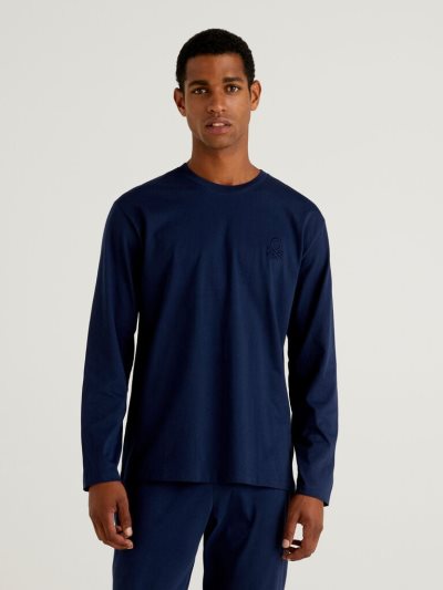 Men's Benetton Long Sleeve Organic Cotton T Shirts Dark Blue | NZ955844