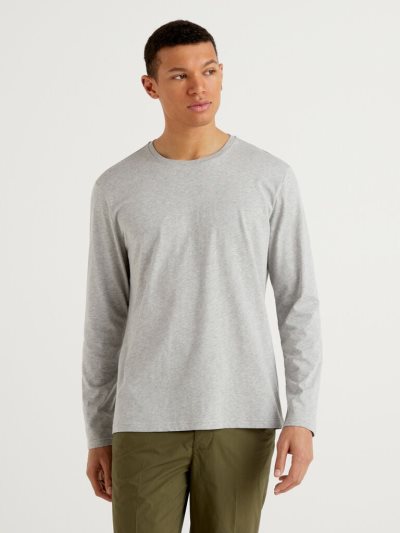 Men's Benetton Long Sleeve Pure Cotton T Shirts Grey | NZ634234