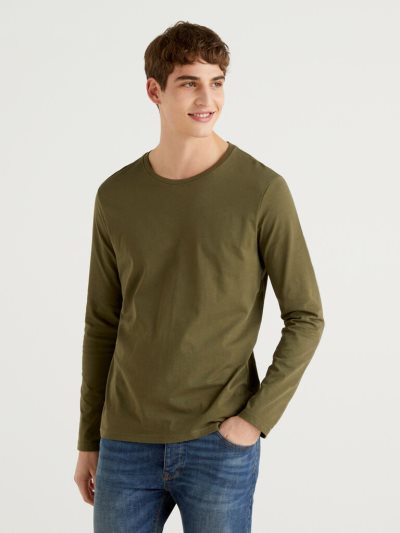 Men's Benetton Long Sleeve Pure Cotton T Shirts Military Green | NZ664752