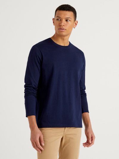 Men's Benetton Long Sleeve Pure Cotton T Shirts Dark Blue | NZ919921