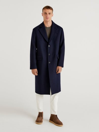 Men's Benetton Long Wool Blend Coats Dark Blue | NZ188063