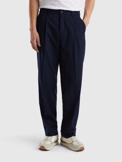 Men's Benetton Loose Fit Flowy Trousers Dark Blue | NZ336558