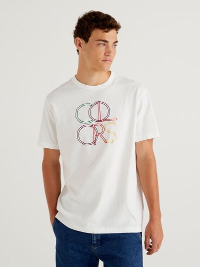 Men's Benetton Multicolored Logo Embroidery Short Sleeve T-shirts White | NZ818407