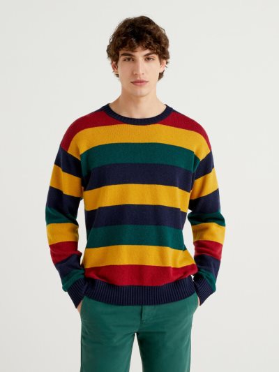 Men's Benetton Multicolored Stripes Crew Neck Sweaters Multi-color | NZ271205