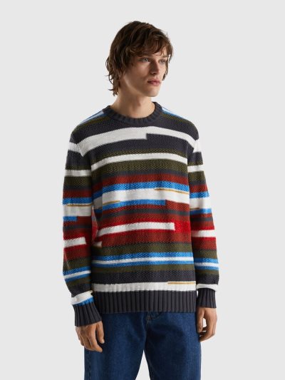 Men's Benetton Multicolored Stripes Crew Neck Sweaters Multi-color | NZ316342