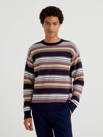 Men's Benetton Multicolored Stripes Crew Neck Sweaters Multi-color | NZ425530