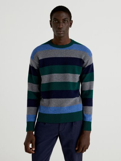 Men's Benetton Multicolored Stripes Crew Neck Sweaters Multi-color | NZ589936