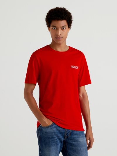 Men's Benetton Organic Cotton Logo Print Short Sleeve T-shirts Red | NZ090446