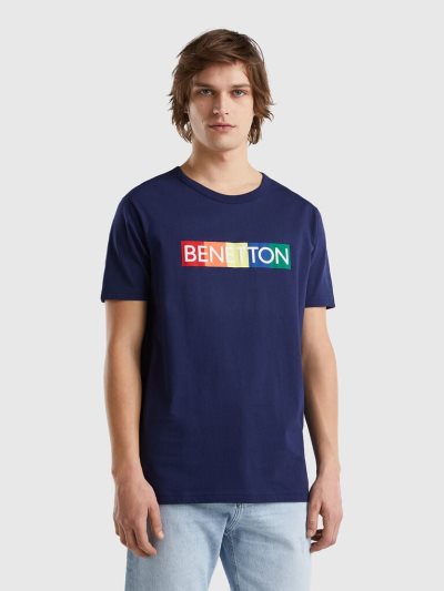 Men's Benetton Organic Cotton Logo Print Short Sleeve T-shirts Blue | NZ212124