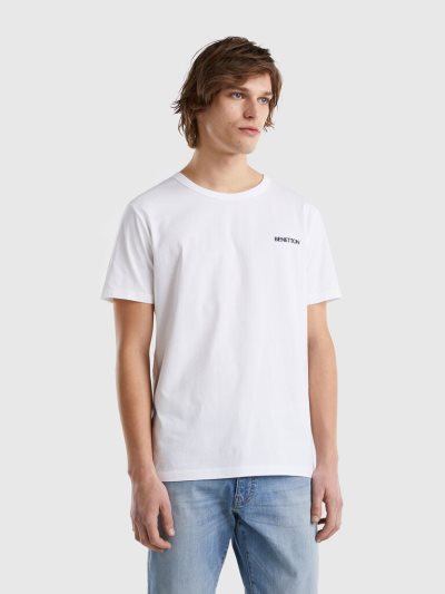 Men's Benetton Organic Cotton Logo Print Short Sleeve T-shirts White | NZ421984