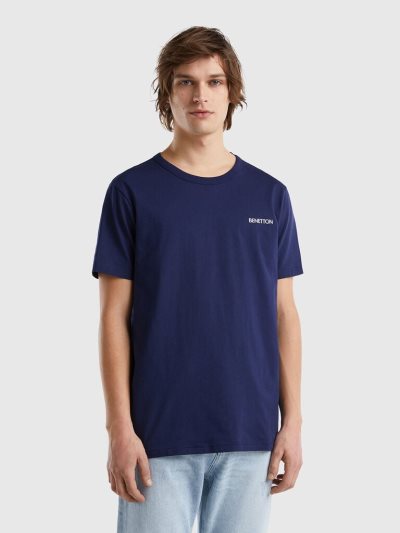 Men's Benetton Organic Cotton Logo Print Short Sleeve T-shirts Blue | NZ802383