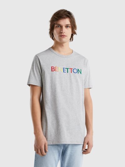 Men's Benetton Organic Cotton Logo Print Short Sleeve T-shirts Light Grey | NZ916477