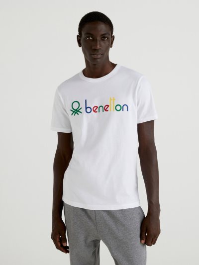 Men's Benetton Organic Cotton Logo Short Sleeve T-shirts White | NZ695028