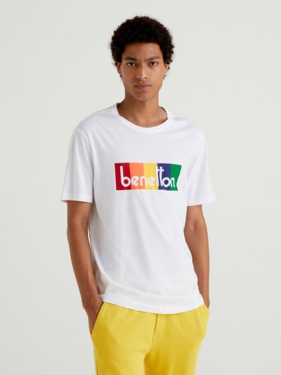 Men's Benetton Organic Cotton Multicolored Logo Short Sleeve T-shirts White | NZ672667