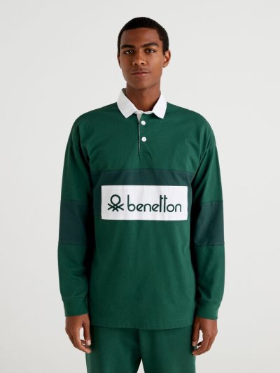 Men's Benetton Organic Cotton Rugby Long Sleeve Polos Dark Green | NZ721348